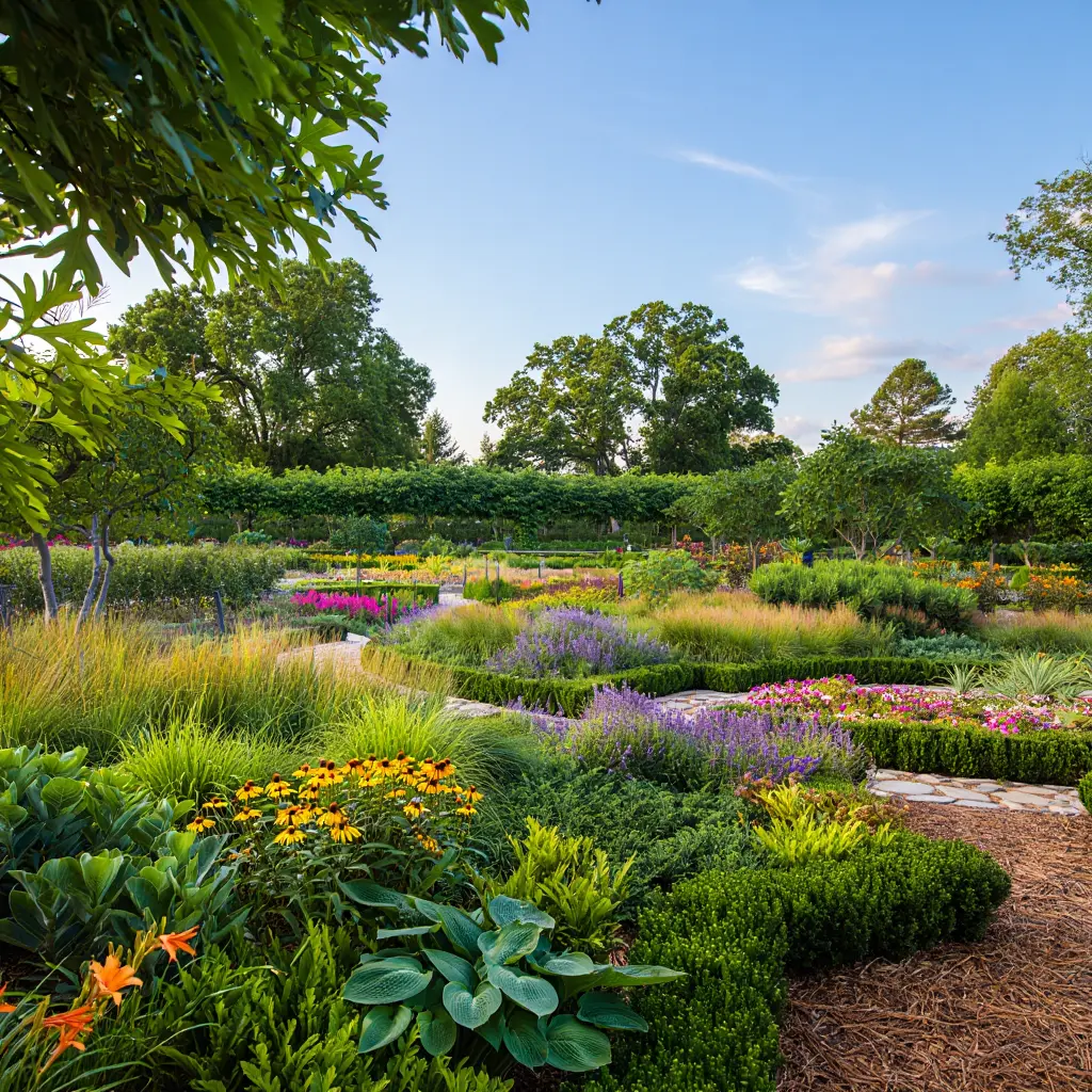 Lush garden landscape with vibrant greenery and curated plant arrangements