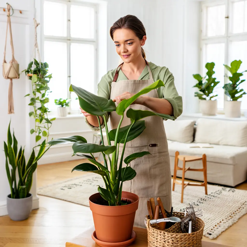 Indoor plant care specialist examining healthy houseplants in a bright living room