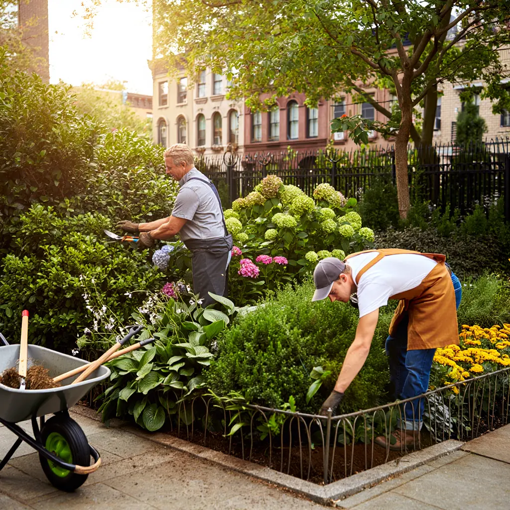 Professional landscaping team working in a beautiful New York garden setting
